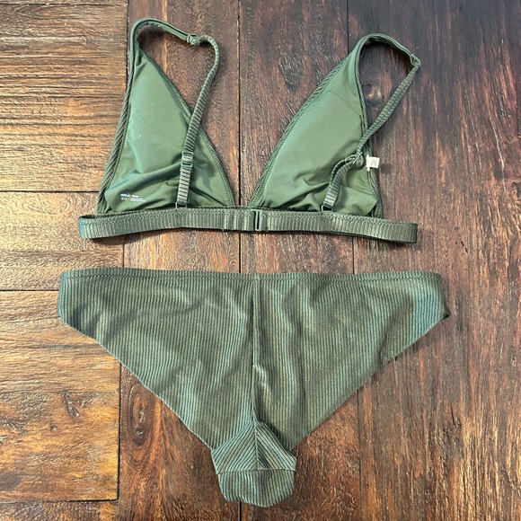Aerie Olive Green Shine Ribbed Bikini- Triangle Top and Cheeky Bottoms - Picture 3 of 14